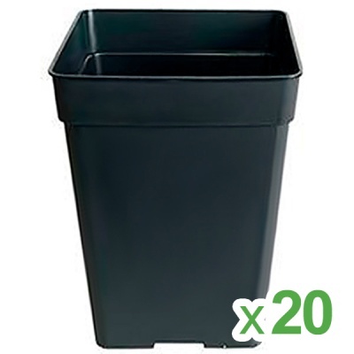 Vaso de planta quadrado preto em plástico com indicador de 20 unidades