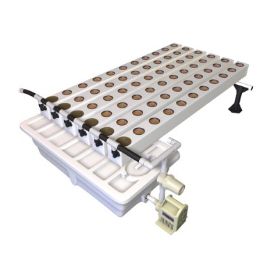 Sistema de cultivo hidropónico branco com reservatório, tampa com orifícios para plantas e bomba de água