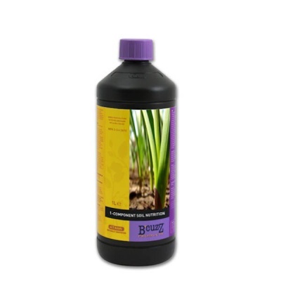 Frasco preto com tampa roxa e etiqueta amarela e roxa com imagem de plantas