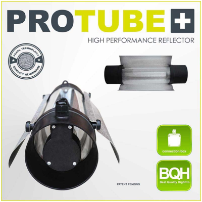 Reflector tubular PROTUBE+ em alumínio com tampas pretas e símbolos verdes