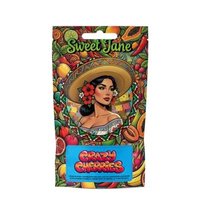 Embalagem colorida Sweet Jane Crazy Cherries com ilustração de mulher e frutas.