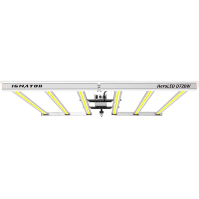 Luminária LED branca com barras múltiplas e texto IGNATOR e HeroLED D720W