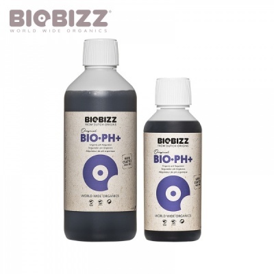 Duas garrafas BIOBIZZ BIO•PH+ com rótulos creme e símbolo azul