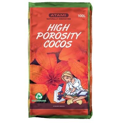 Saco verde e vermelho de substrato Atami High Porosity Cocos 100L com design de flores e figura desenhada de pessoa com microscópio