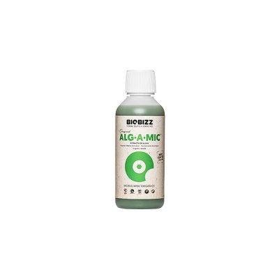 Frasco de plástico verde com tampa branca e etiqueta BIOBIZZ ALGA-MIC