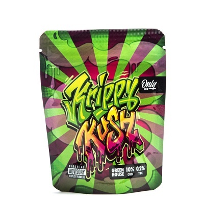 Embalagem colorida com texto Trippy Kush e informações sobre CBD e THC