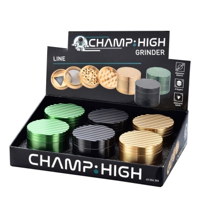 Trituradores metálicos verde, preto e dourado em caixa preta CHAMP:HIGH