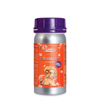 Frasco prateado com tampa roxa e etiqueta laranja do produto ATAMI ROKZBASTIC