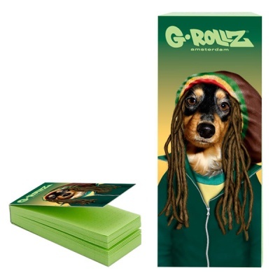 Papel rolante verde com cão vestido em estilo rastafari e texto G-ROLLZ amsterdam