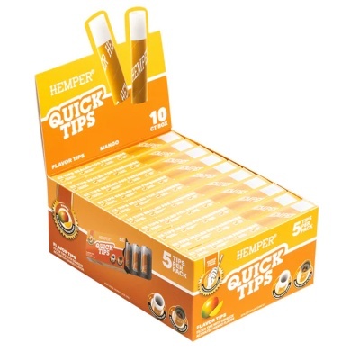 Expositor laranja com caixas de filtros para fumar Hemper Quick Tips sabor Manga
