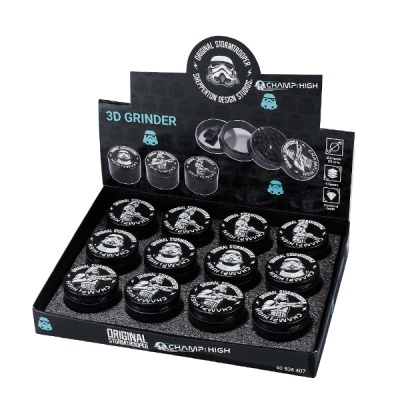 Caixa com 15 grinders pretos com design Stormtrooper e embalagem preta