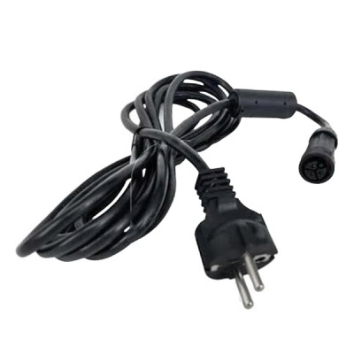 Cabo elétrico preto com ficha de dois pinos e conector redondo