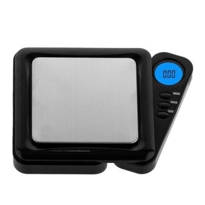balança digital de cozinha preta com plataforma inox e ecrã azul