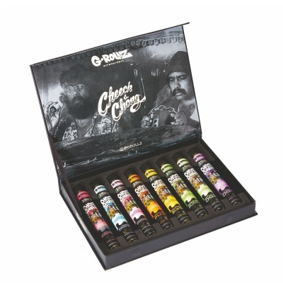 Conjunto de tubos coloridos numa caixa preta com texto G-ROLLZ e Cheech & Chong