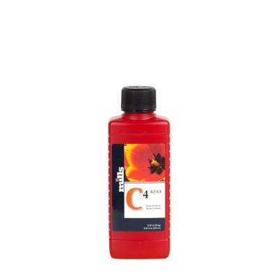 frasco vermelho com tampa preta e etiqueta com flor laranja