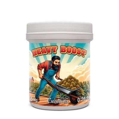 Frasco branco com rótulo colorido ilustrado e texto Heavy Boost Cannotecnia