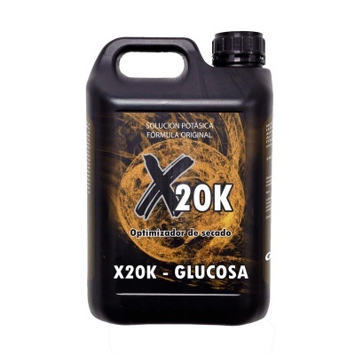 Frasco preto com rótulo laranja contendo solução potásica X20K