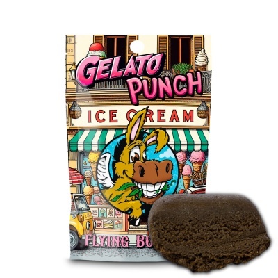 Embalagem colorida com tema de gelados e burro sorridente e bloco castanho escuro