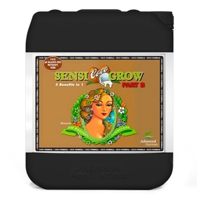 Recipiente plástico preto com rótulo colorido de fertilizante Sensi Coco Grow Part B.