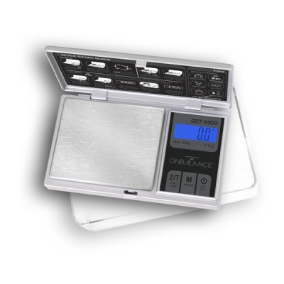 balança digital de precisão ONBALANCE DZT-1000 com ecrã azul e plataforma metálica