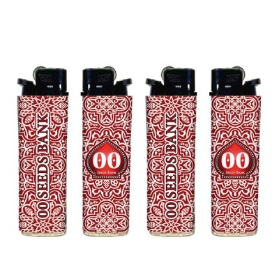 Conjunto de quatro isqueiros com padrões vermelhos e texto 00 SEEDS BANK.