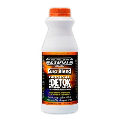 Frasco de bebida detox EZYDOT com rótulo preto e laranja