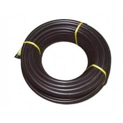 Mola de borracha preta enrolada com fitas amarelas e etiqueta verde