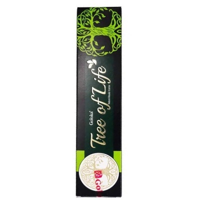 Embalagem preta e verde para incenso com desenho de árvore e texto Goloka Tree of Life