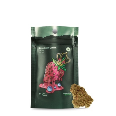 Embalagem preta com ilustração colorida de morango e texto Strawberry Queen e flor de cannabis ao lado