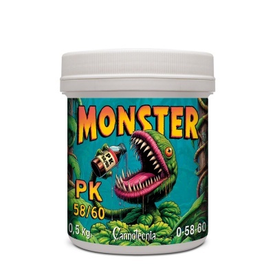 Recipiente de fertilizante MONSTER PK 58/60 com ilustração de planta carnívora.