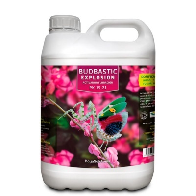 Recipiente plástico branco com rótulo colorido de flores cor-de-rosa e texto BUDBASTIC EXPLOSION