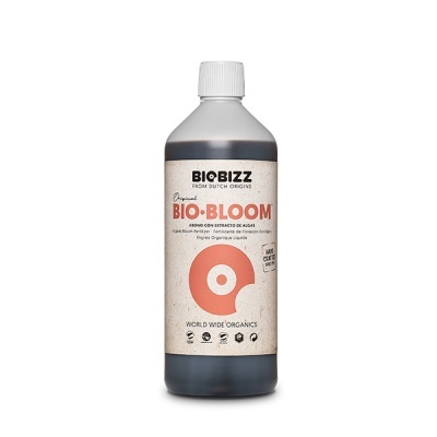 Frasco de fertilizante líquido Bio-Bloom da BioBizz com rótulo bege e gráfico circular em laranja