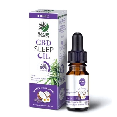 Frasco âmbar com conta-gotas e embalagem do óleo CBD Sleep Oil 35% com camomila, lavanda e óleo de coco MCT