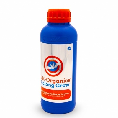 Frasco azul com tampa laranja e rótulo branco de fertilizante GK-Organics