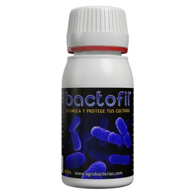 Frasco branco de produto 'bactofil' com rótulo preto e azul mostrando bactérias