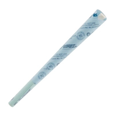 Cone de papel azul claro com texto azul escuro ROLLZ e informações de patente.