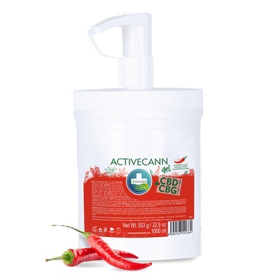 Frasco branco com pump ACTIVE CANN gel ao lado de malaguetas vermelhas.