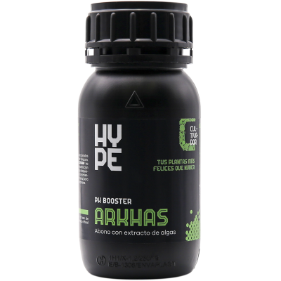 Frasco preto de plástico com rótulo com texto HYPE PK BOOSTER ARKHAS e detalhes em verde