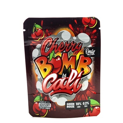 Embalagem de produto Cherry Bomb Cali com cerejas e texto colorido