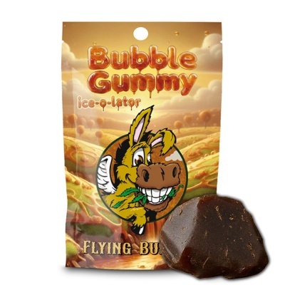 Embalagem Bubble Gummy ice-o-lator com ilustração de burro e concentrado âmbar ao lado