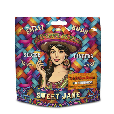 Embalagem Sweet Jane com ilustração de mulher e texto colorido
