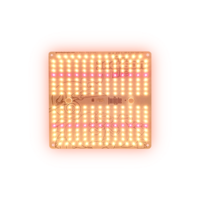 Painel quadrado com luzes LED amarelas e rosas transparentes com texto e desenhos.