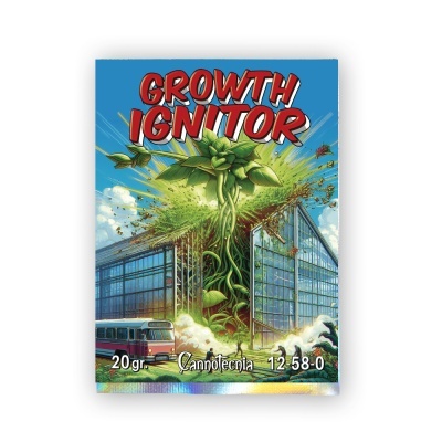 Pacote do produto GROWTHT IGNITOR com planta gigante a sair de estufa e um ônibus em frente