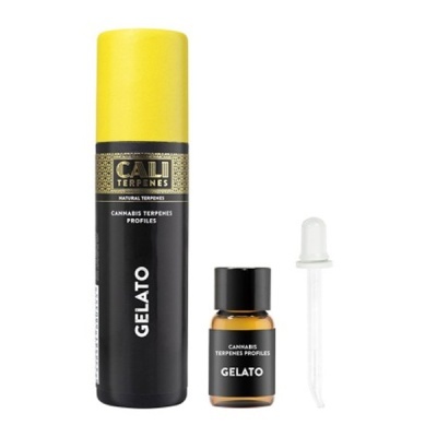 Tubo, frasco âmbar e conta-gotas de produto CALI TERPENES GELATO