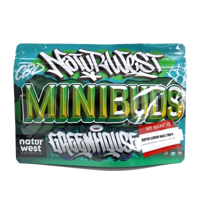 Embalagem plastica verde e azul com texto Naturwest Minibuds