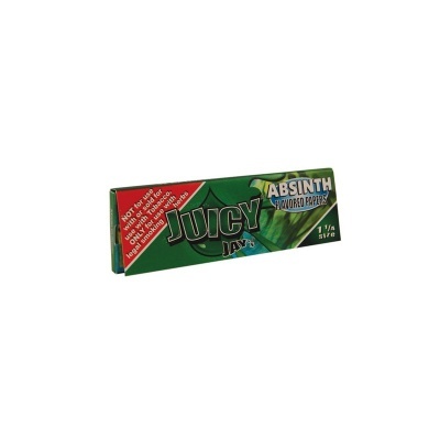 Pacote verde de papel para enrolar Juicy Jay's sabor Absinth com texto e padrão verde.
