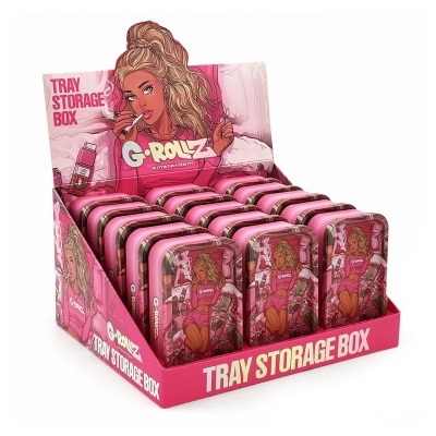 Caixas metálicas cor-de-rosa com ilustração feminina e caixa expositora rosa com textos