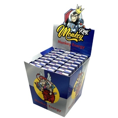 Expositor de metal azul com caixas de energético Monkey Energy e ilustrações de macacos