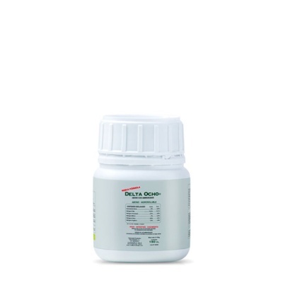 Frasco plástico branco do produto DELTA OCHO com rótulo e tampa de rosca