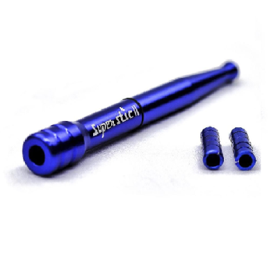 Tubo azul metálico com texto Super stick e dois tubos menores azuis